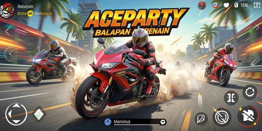 Tampilan gameplay ACEPARTY yang seru dalam balapan motor.