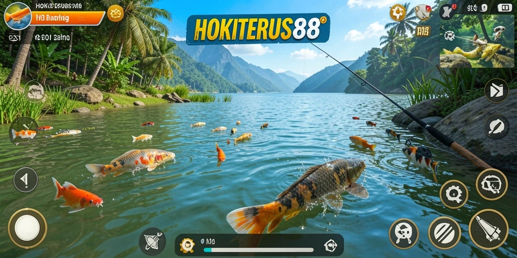 Tangkapan ikan yang spektakuler di HOKITERUS88 selama gameplay memancing.
