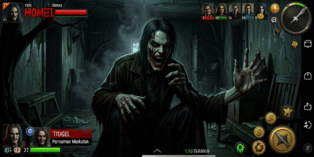 Screenshot gameplay HOMETOGEL menampilkan kegelapan dan ketegangan yang mencekam.
