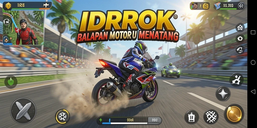 Gameplay seru IDROK dengan balapan motor di lintasan yang menantang.