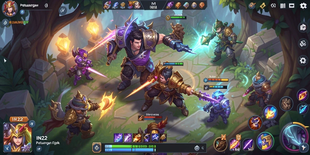 Screenshot menunjukkan aksi seru dalam pertempuran MOBA yang intens.