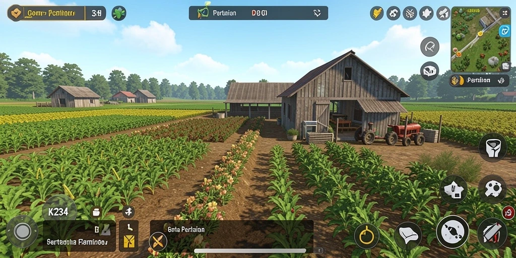 Screenshot gameplay K234 menampilkan pemandangan ladang yang asri dengan aktivitas bercocok tanam.