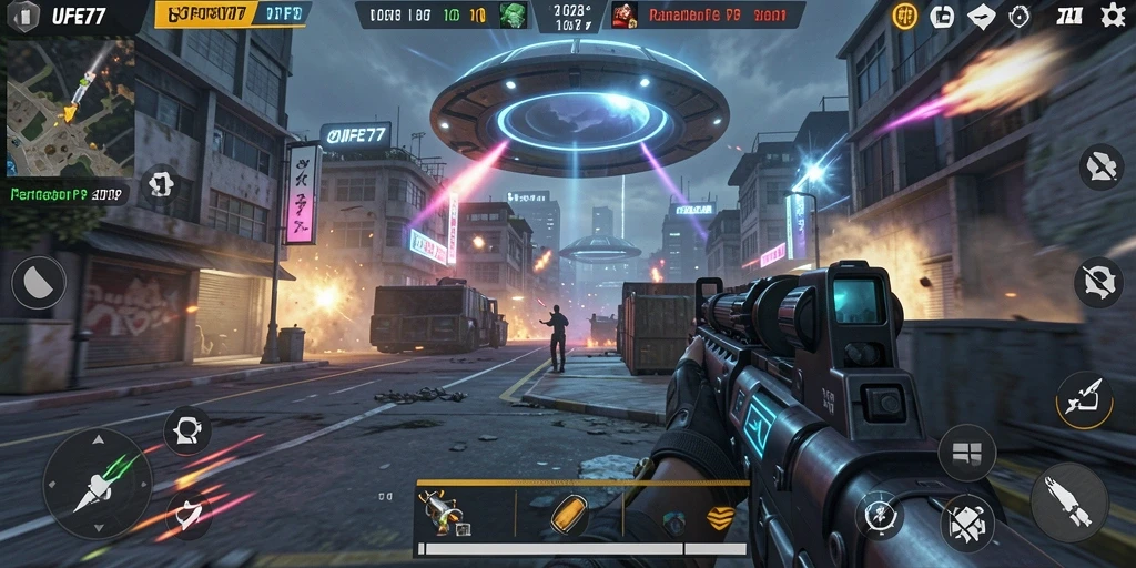 Screenshot gameplay UFO77 menampilkan aksi tembak-menembak yang cepat.