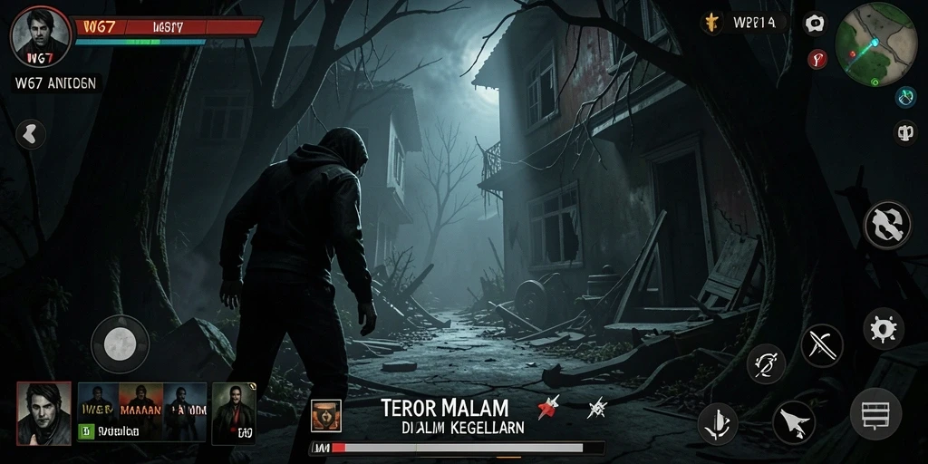 Screenshot W67 menampilkan pemandangan menyeramkan di rumah tua.