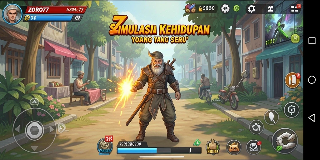 Tangkapan layar gameplay ZORO77 yang menggambarkan simulasi kehidupan.